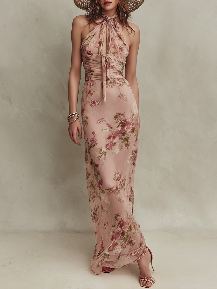 Lia | Maxiklänning i chiffong med elegant blommönster och v-ringning