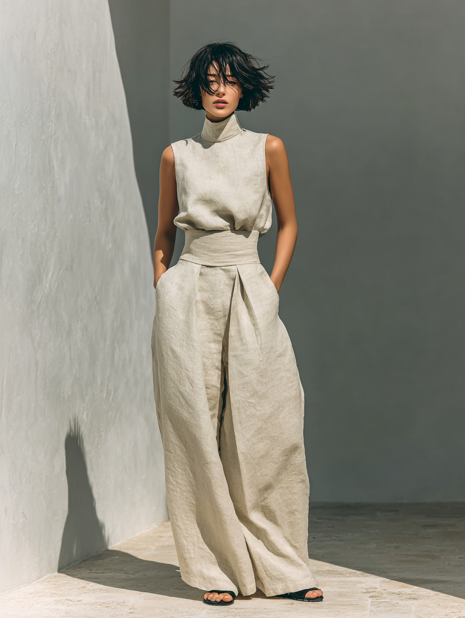 Tatiana | Kvinnors minimalistiska set i bomull och linne med ärmlös blus och vida byxor