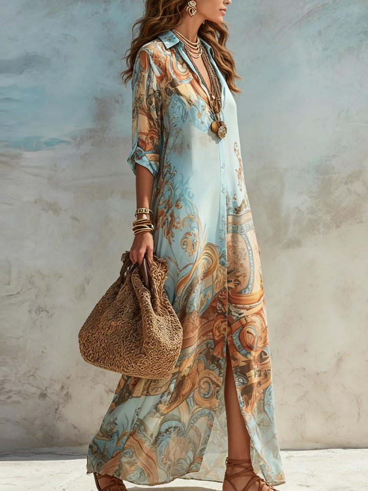 Charlotte | Barockstil Blommig Blå Maxiklänning