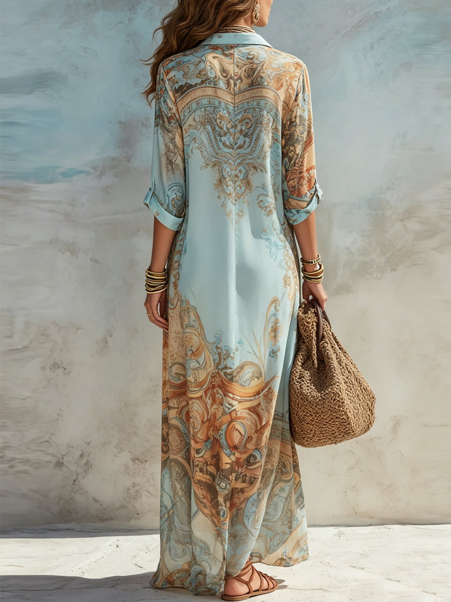 Charlotte | Barockstil Blommig Blå Maxiklänning