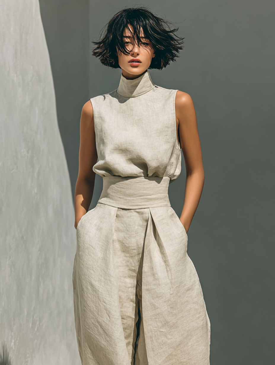 Tatiana | Kvinnors minimalistiska set i bomull och linne med ärmlös blus och vida byxor