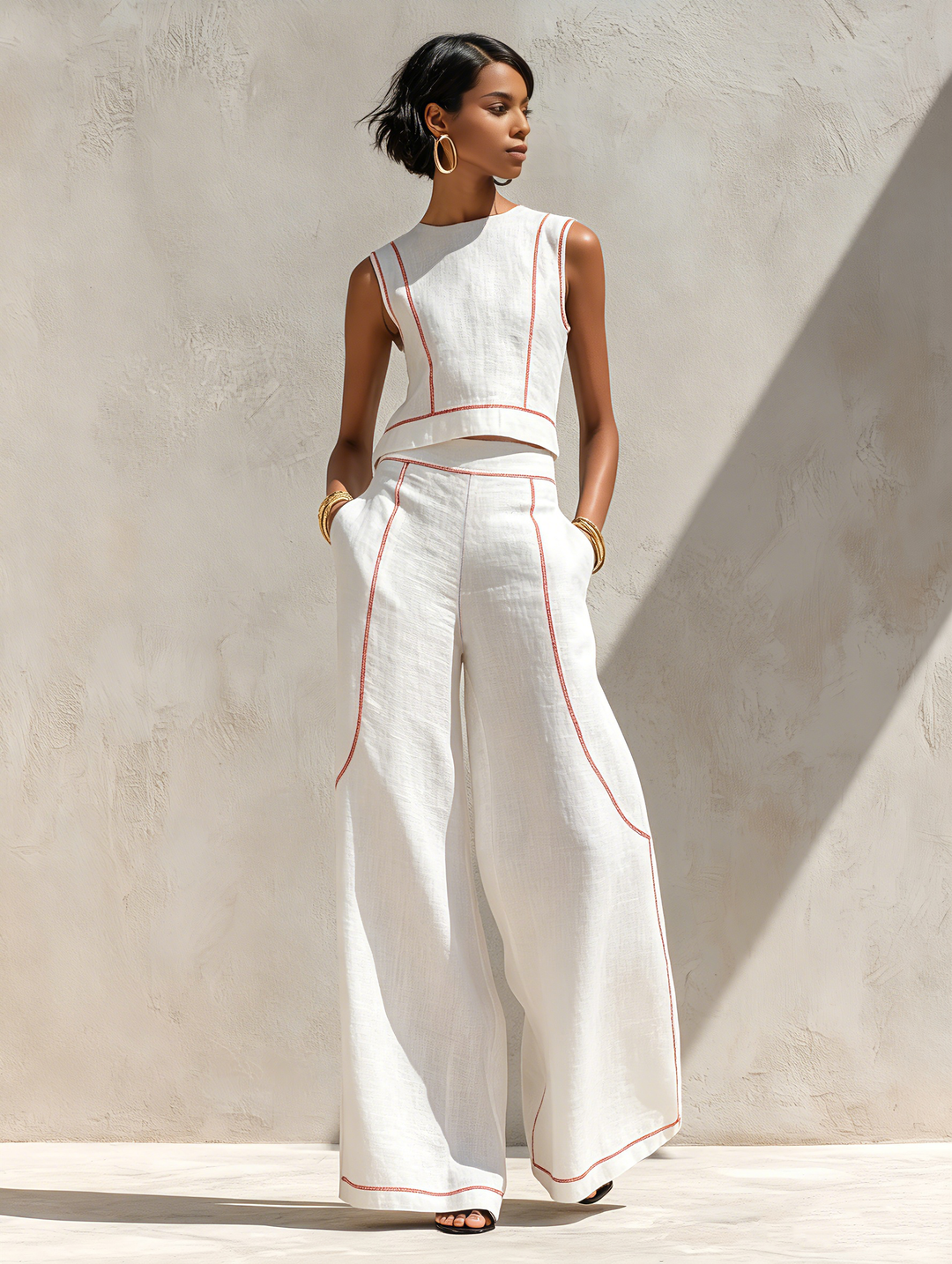 Leanne | Linneblandning byxset med kontraststygn