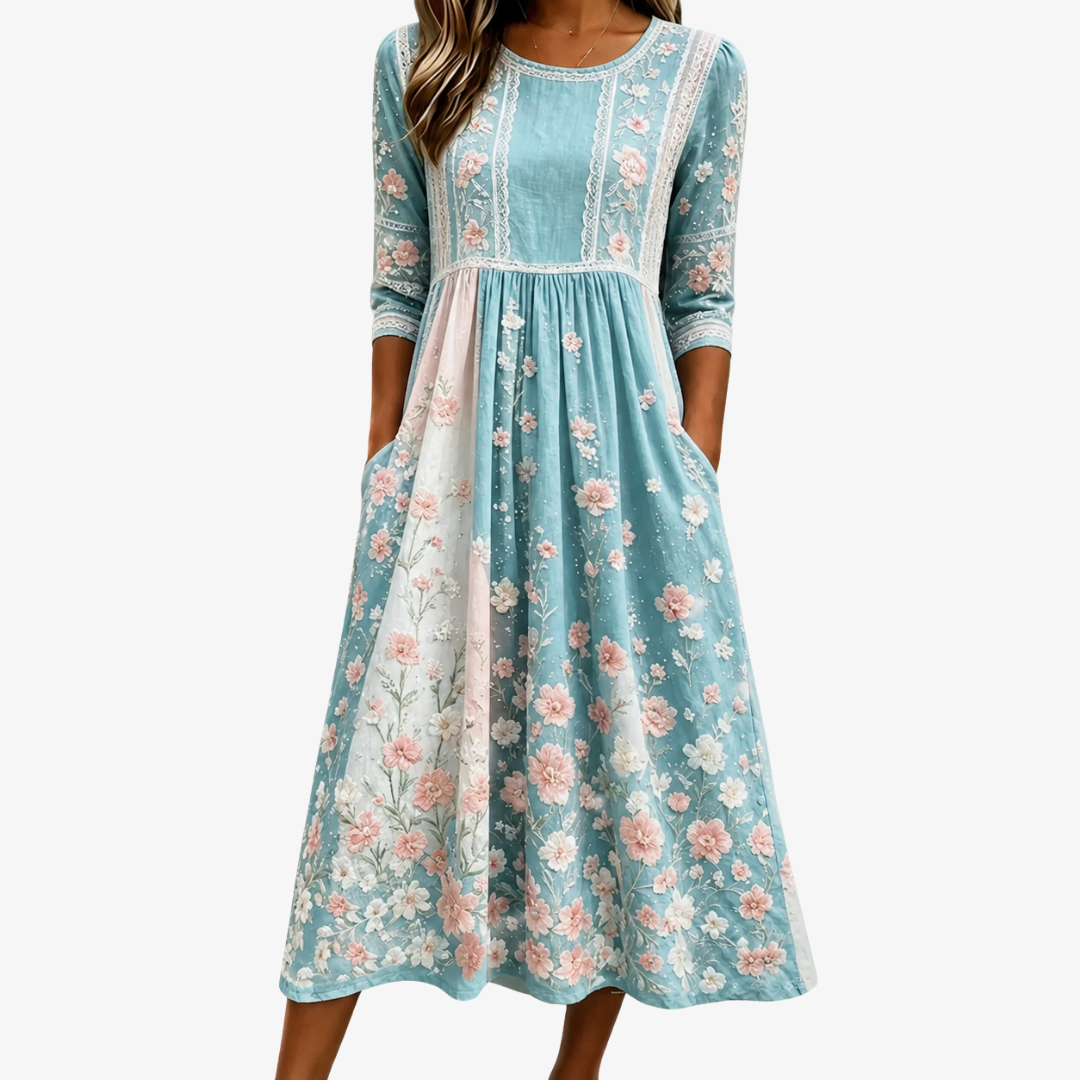 Kasja | Vårblomma Patchwork Midi Klänning