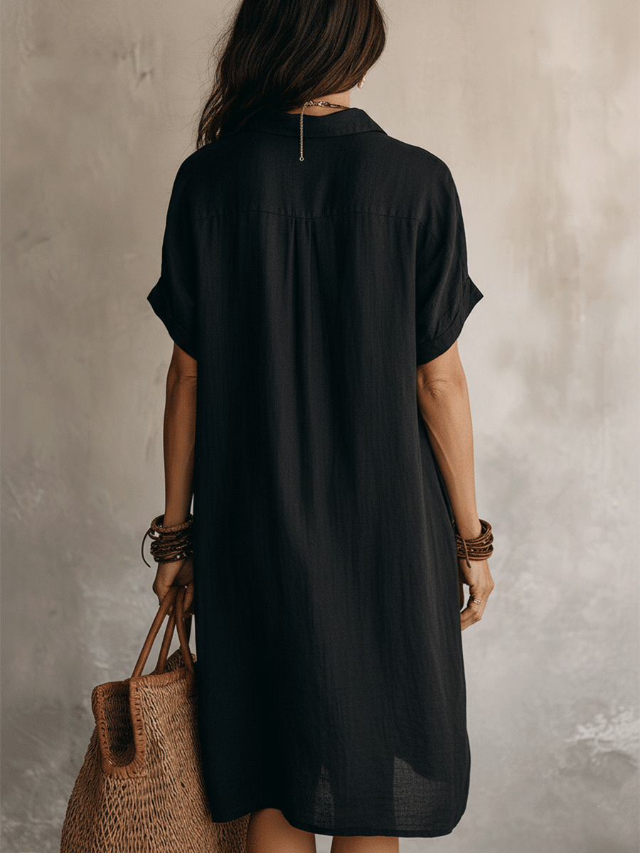 Kassandra | Modern Boho Avslappnad Svart Linne Midi Klänning