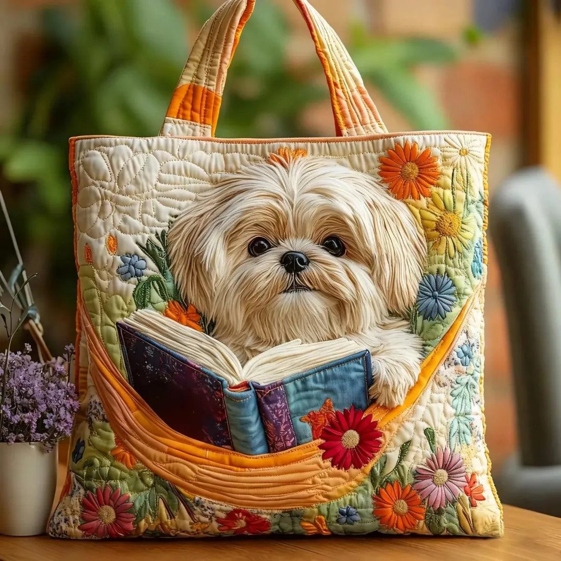 Vanda | Artisan Tote Bag - Shih Tzu med böcker och blommor