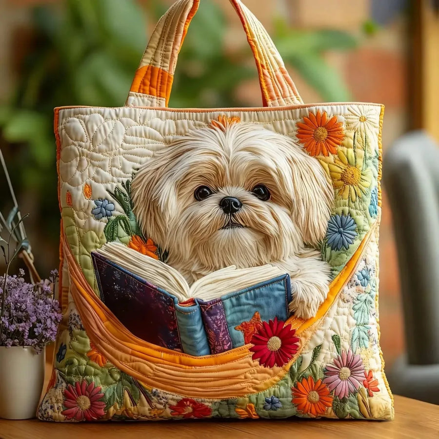 Vanda | Artisan Tote Bag - Shih Tzu med böcker och blommor