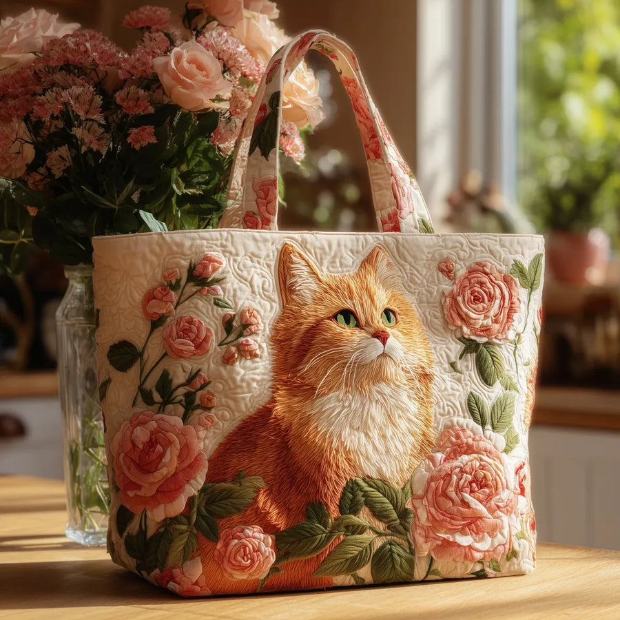 Nora | Hantverksväska - Orange Katt med Rosor