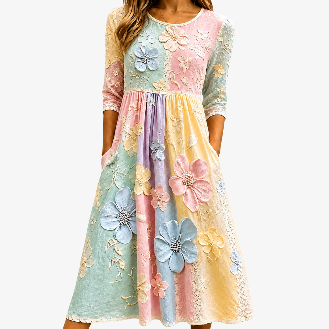 Prisca | Pastellblomstra Trädgård Pocket Midi Klänning