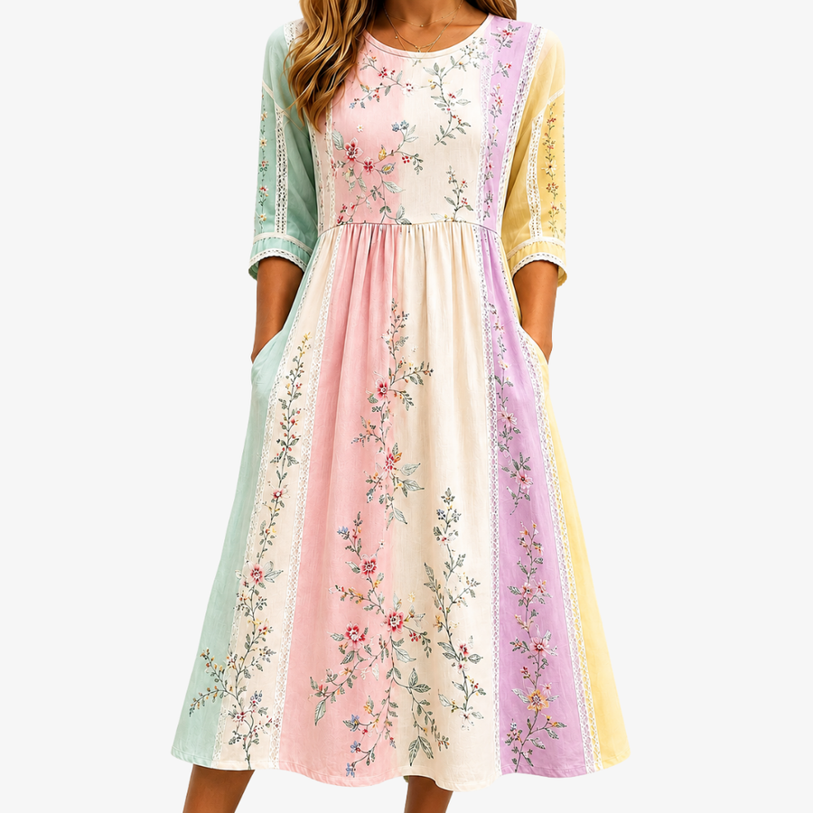 Louise | Pastellträdgård Panel Fick Midi Klänning