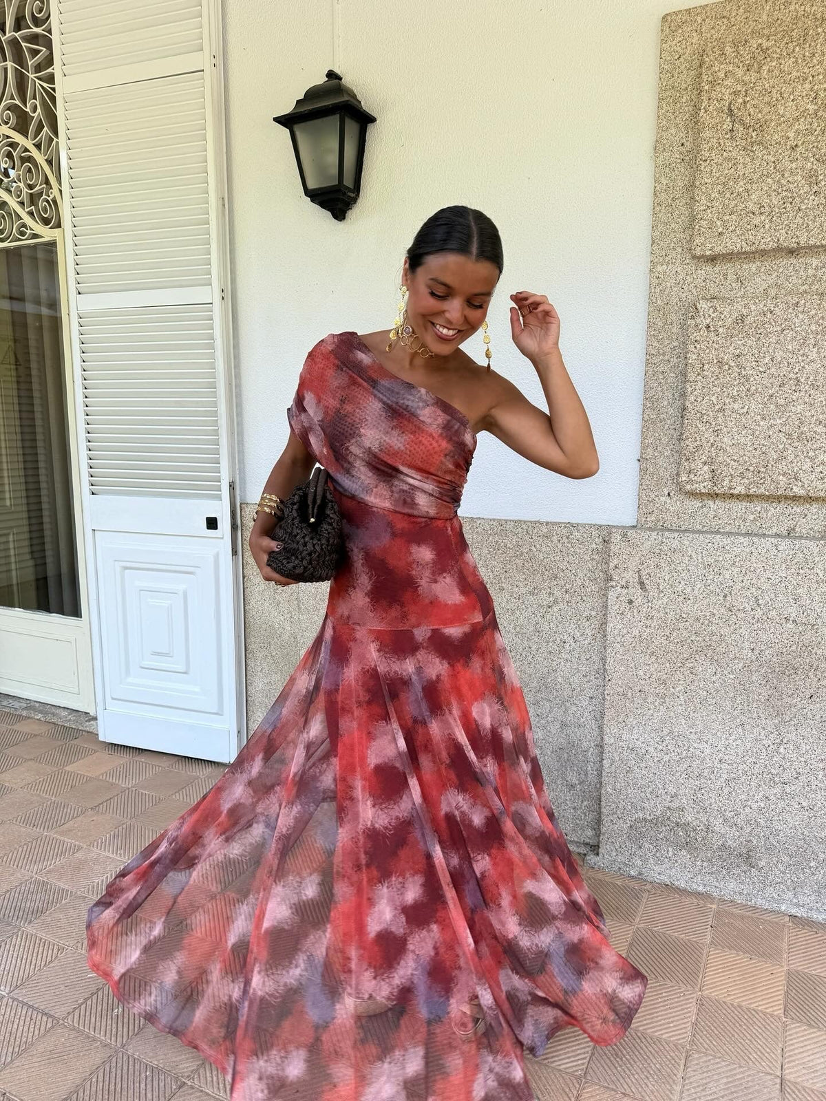 Primrose | Vattenfärgs Off-Shoulder Lång Klänning