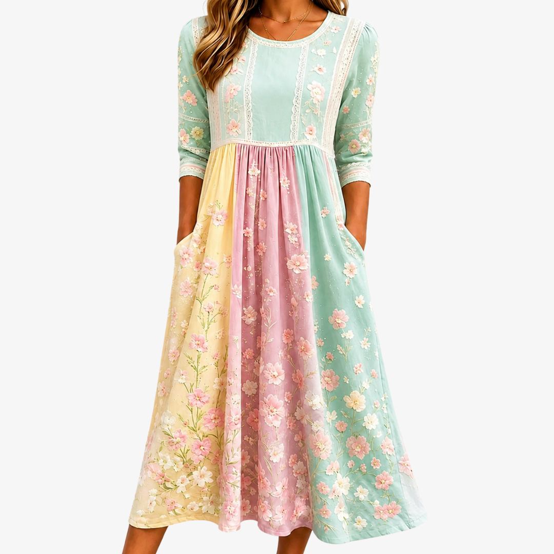 Perla | Vårblomma Patchwork Fick Midi Klänning
