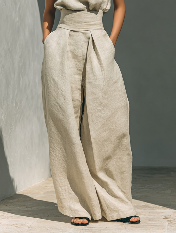 Tatiana | Kvinnors minimalistiska set i bomull och linne med ärmlös blus och vida byxor