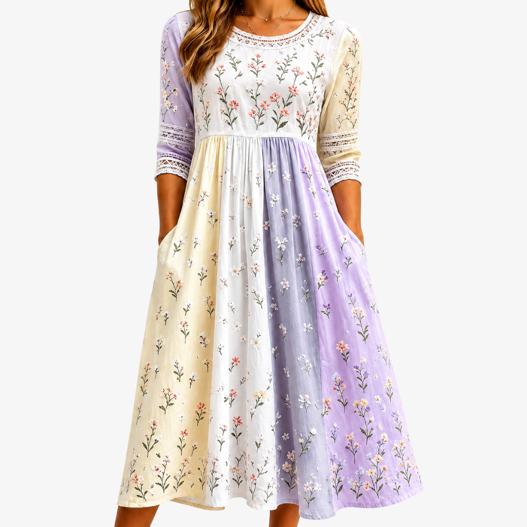 Liv | Lavendeläng Patchwork Midi Klänning