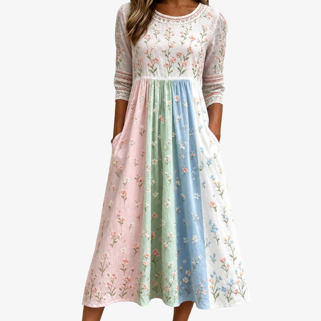 Elsa | Pastelläng Floral Pocket Midi Klänning