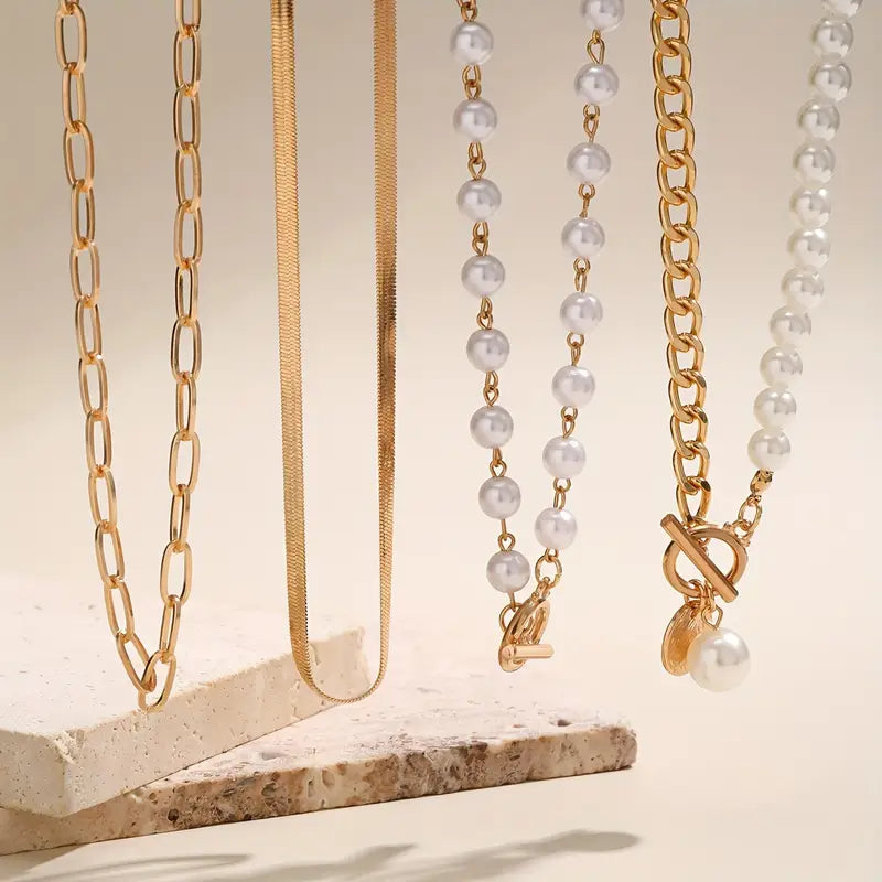 Retro Pärl- och Guldormkedja Halsband Set