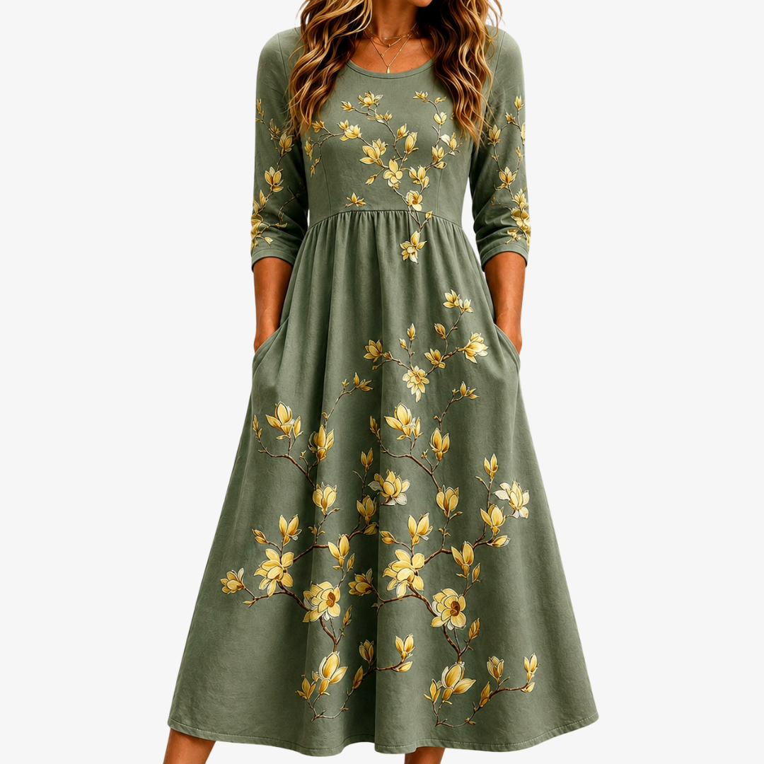 Jenny | Sage Blossom Grace Pocket Midi Klänning