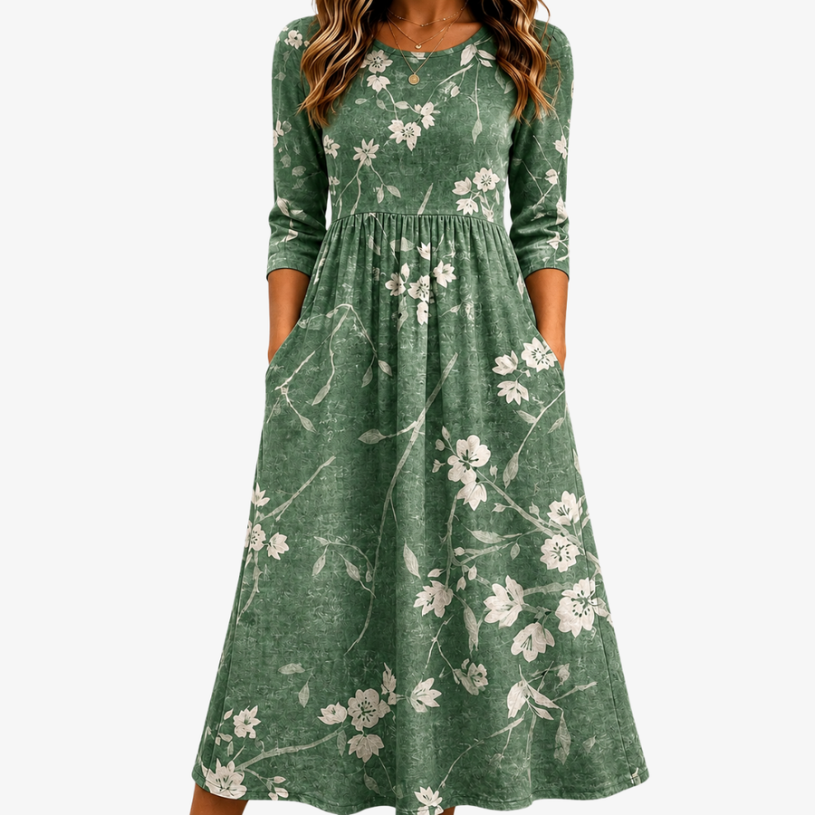Tatiana | Evergreen Bloom Avslappnad Pocket Midi Klänning