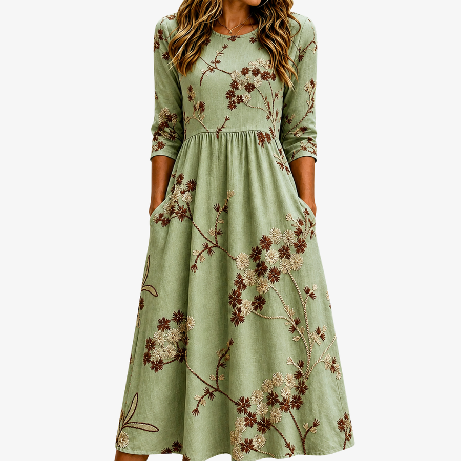 Jonna | Sage Meadow Blommig Pocket Midi Klänning