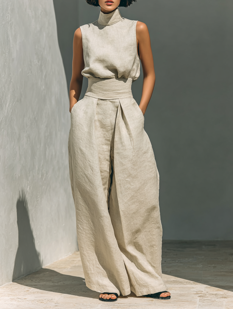 Tatiana | Kvinnors minimalistiska set i bomull och linne med ärmlös blus och vida byxor