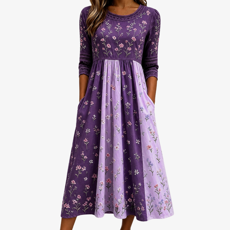 Gertrud | Lavendel Vildblomma Panel Midi Klänning