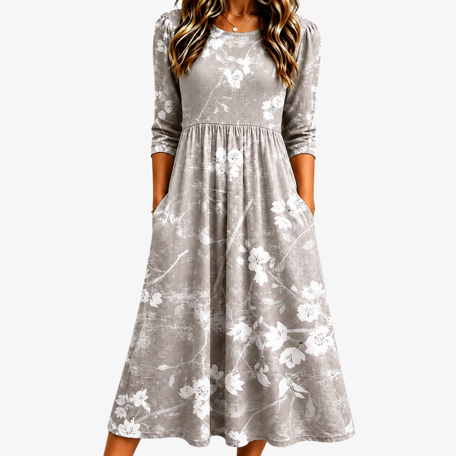 Frieda | Silver Blossom Grace Pocket Midi Klänning