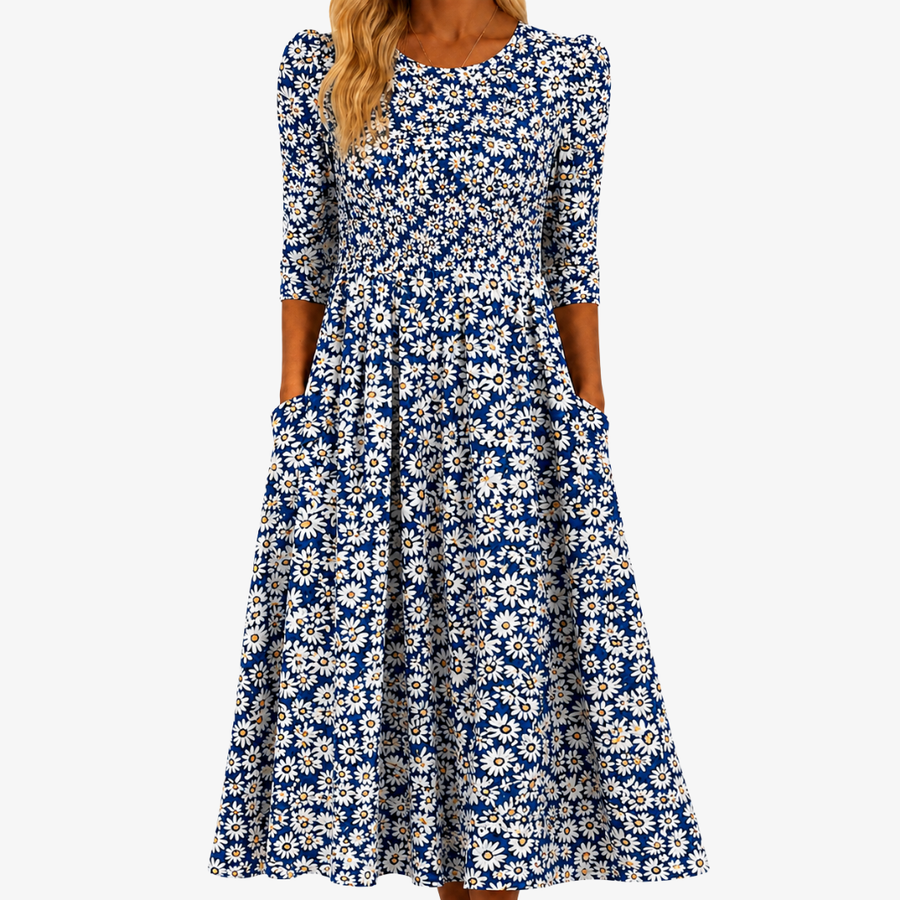 Louisa | Blå Daisy Trädgård Pocket Maxi Klänning