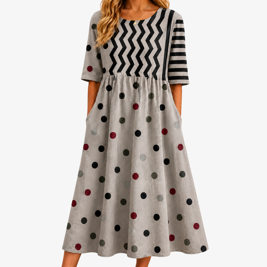 Fanny | Modern Charm Blandat Tryck Midi Klänning med Fickor