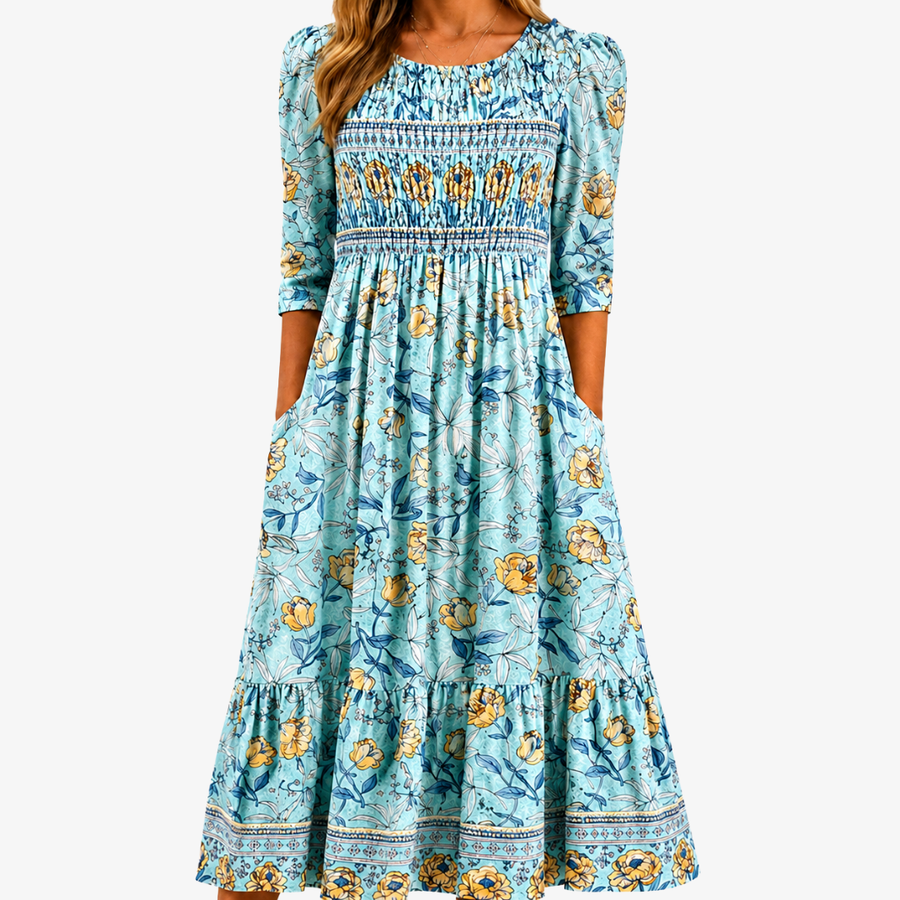Naomi | Golden Bloom Smocked Garden Midi Klänning