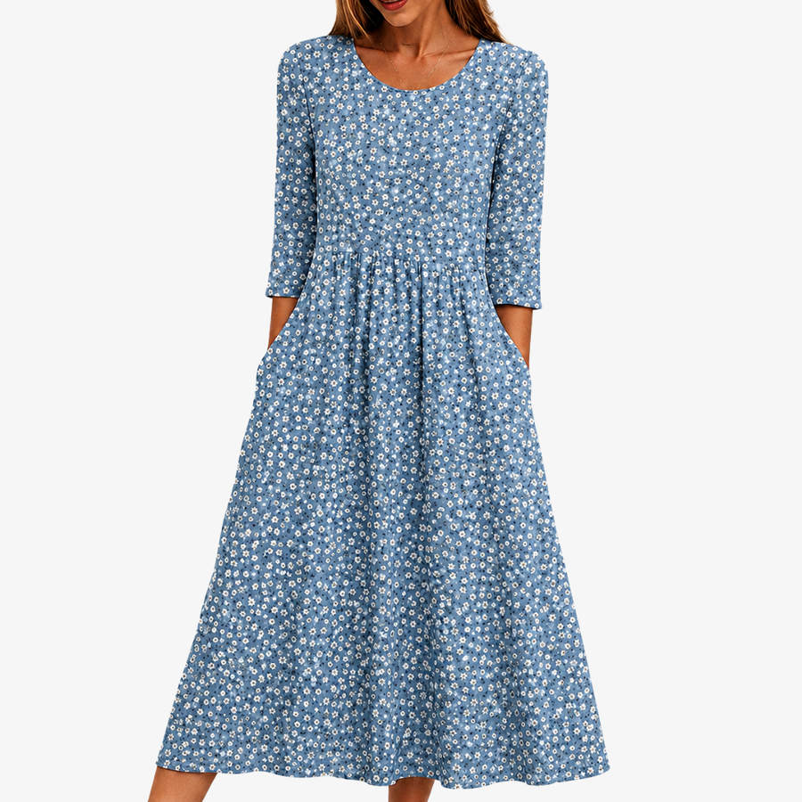 Quistina | Blå äng Enkel-bär Floral Midi Klänning