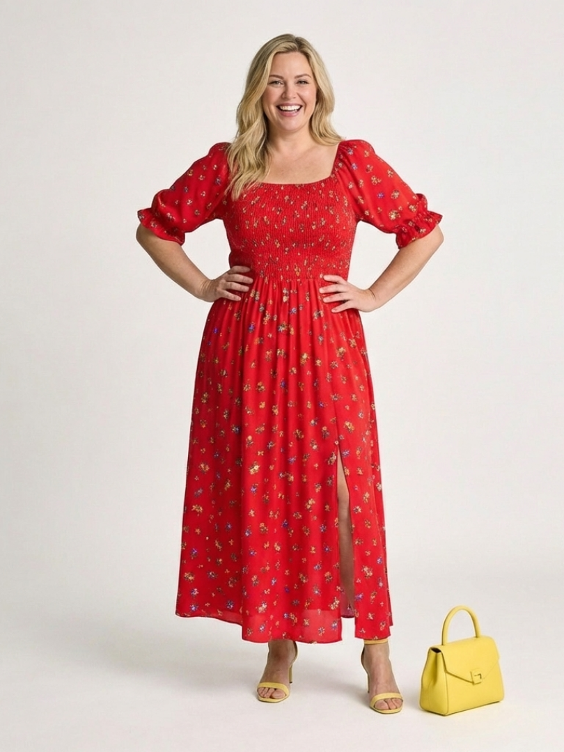 Delphine | Midiklänning med fyrkantig halsringning och blommönster