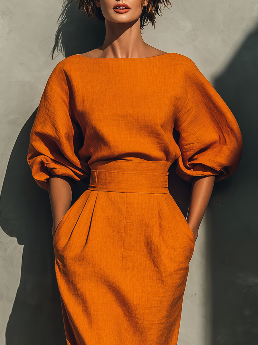 Tyra | Orange Midjemudd Top och Midi Kjol Set