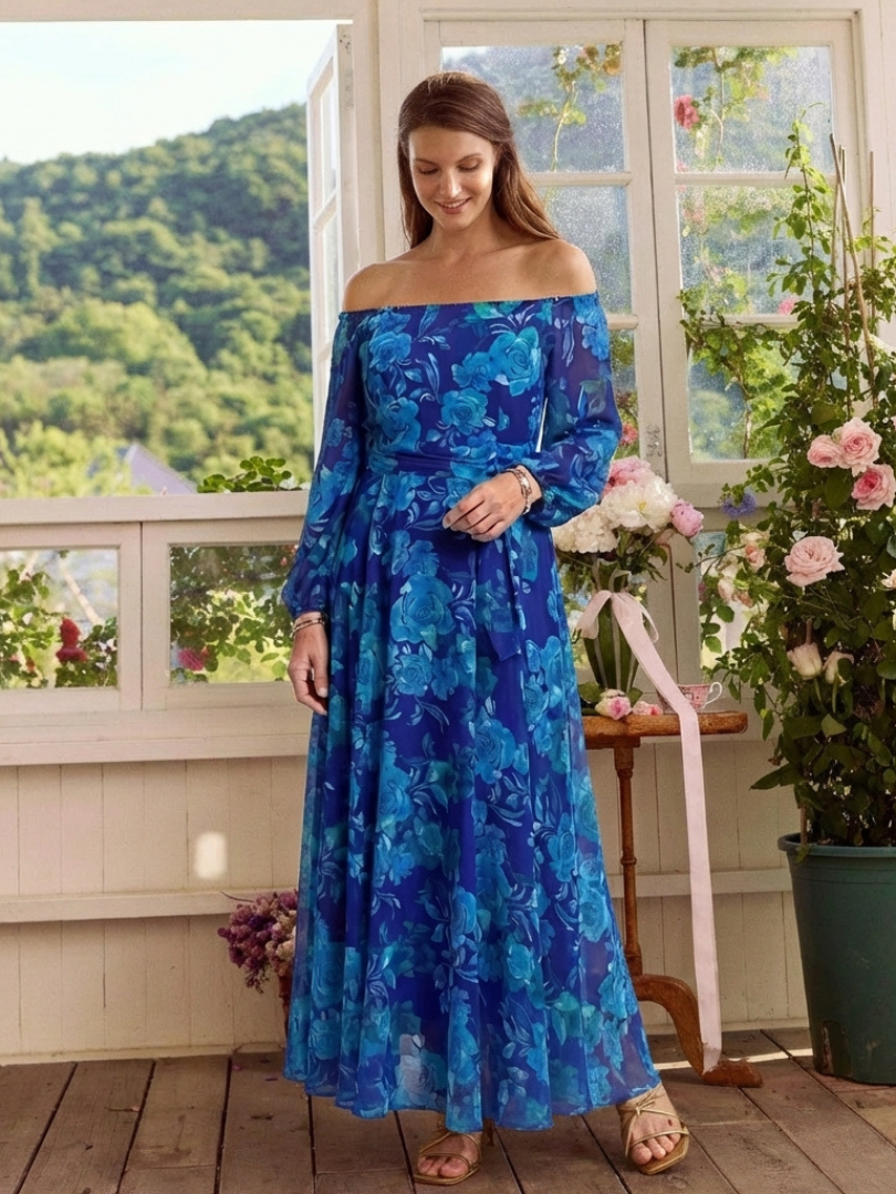 Aspen | Maxi Klänning med Off-Shoulder och Blommor