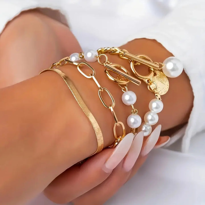 Chic Guld 4-delars Armband Set - Orm, Pärlor & Länkar | Guld