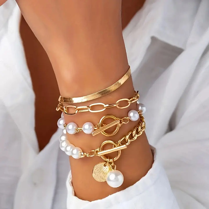 Chic Guld 4-delars Armband Set - Orm, Pärlor & Länkar | Guld
