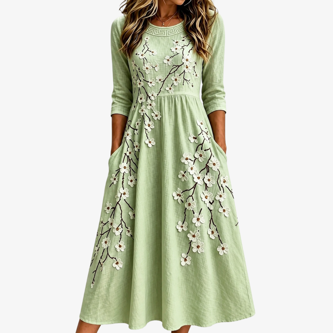 Cecilia | Sage Blossom Garden Pocket Midi Klänning