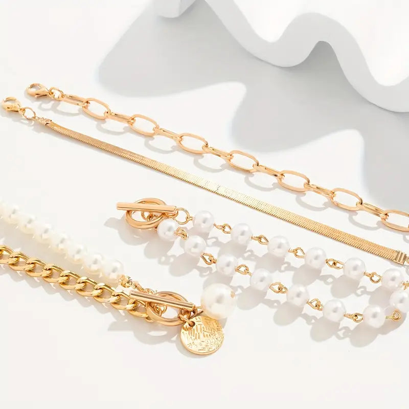 Chic Guld 4-delars Armband Set - Orm, Pärlor & Länkar | Guld