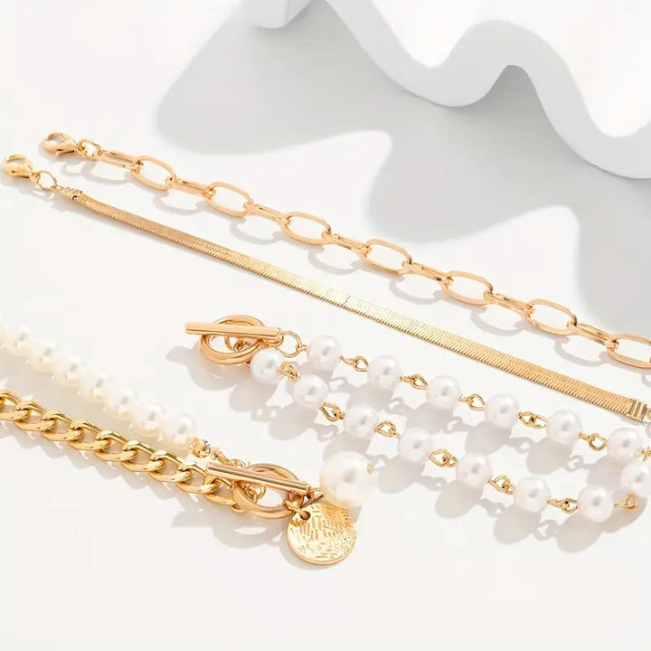 Chic Guld 4-delars Armband Set - Orm, Pärlor & Länkar | Guld