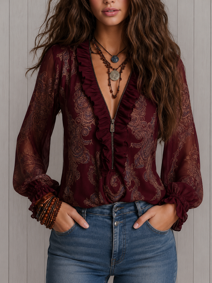 Elise | Barock Paisley Volang Zip Chiffon Blus