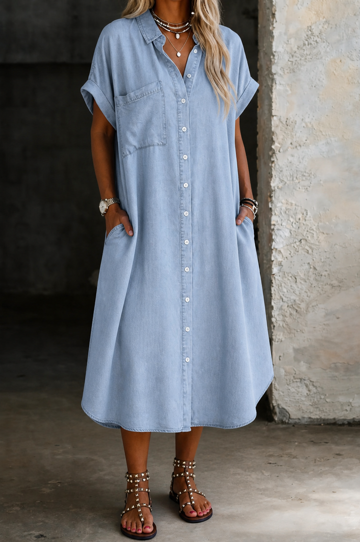 Karen | Lätt Denim Stil Skjortklänning