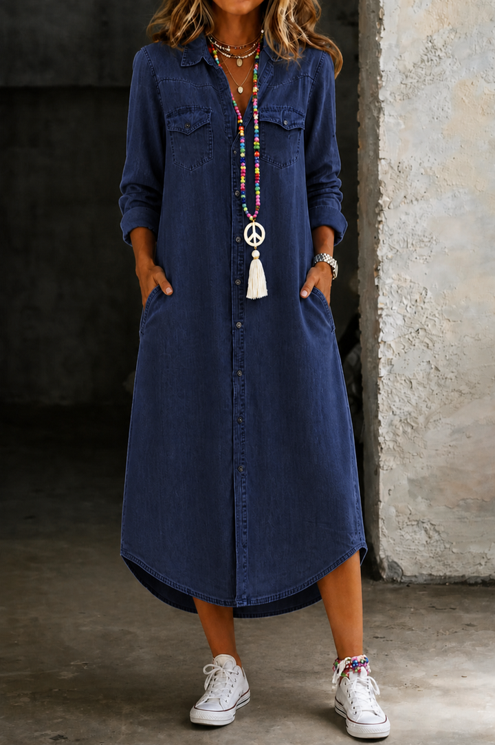 Helen | Avslappnad Elegant Lång Denim Skjortklänning