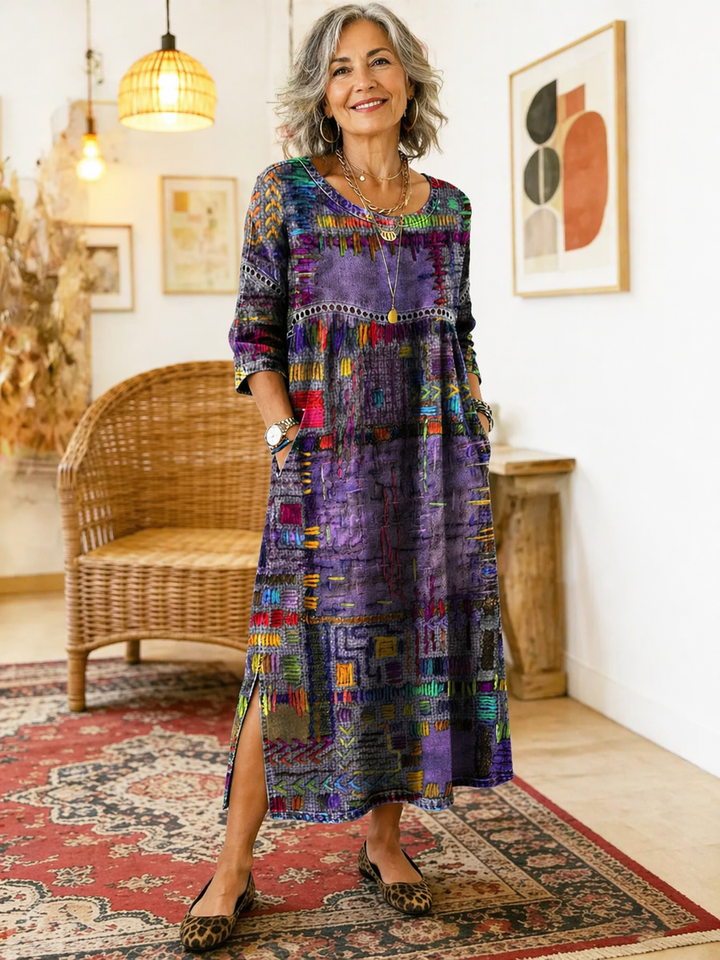 Manuela | Tryckt Klänning med Etnisk Patchwork