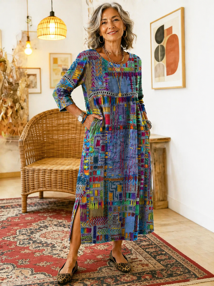 Manuela | Tryckt Klänning med Etnisk Patchwork