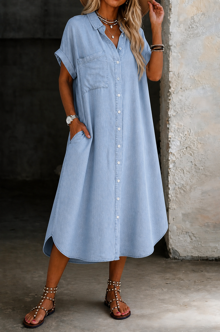 Karen | Lätt Denim Stil Skjortklänning