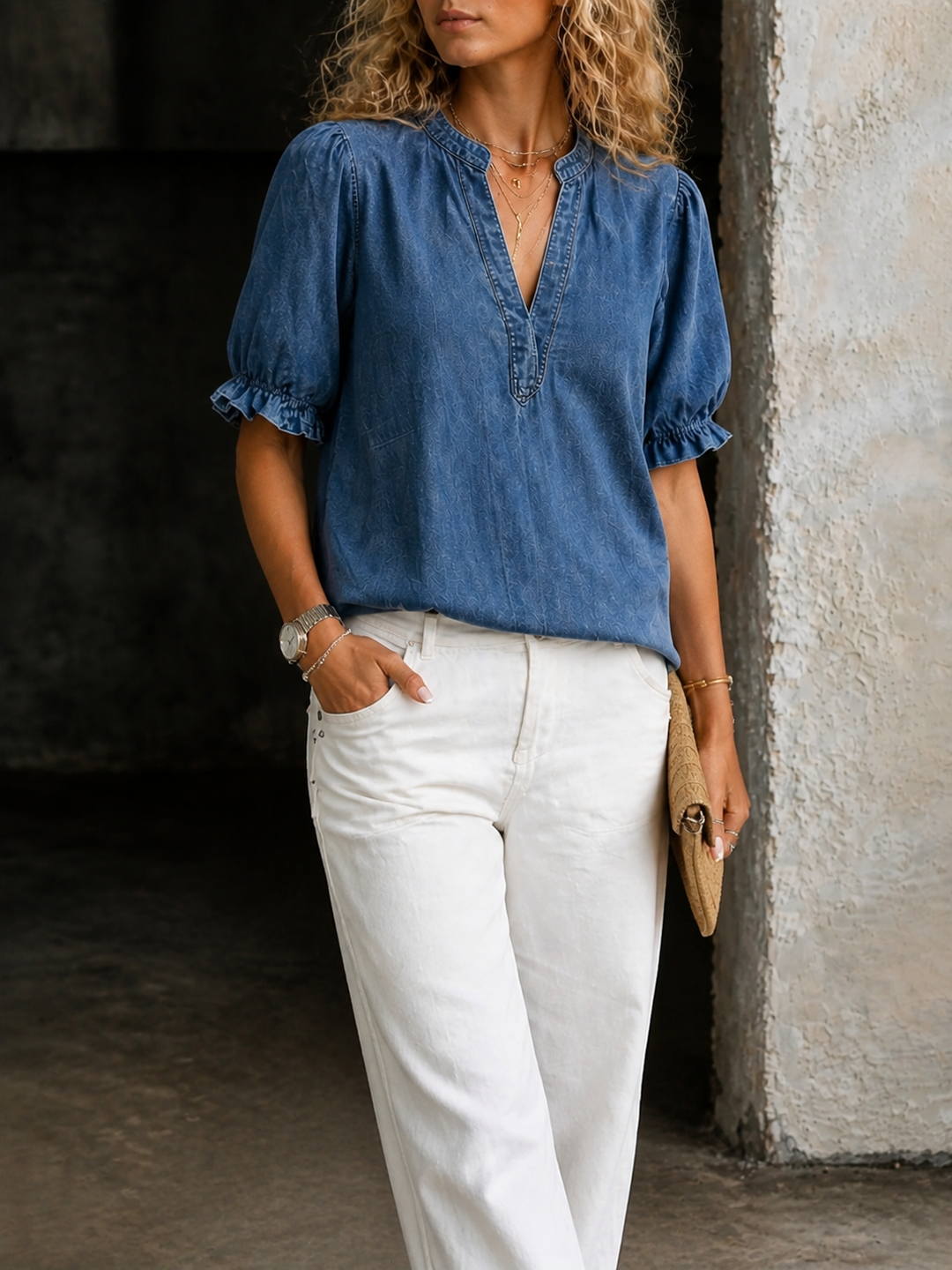 Ashley | Vintage V-Hals Denim Grundplagg