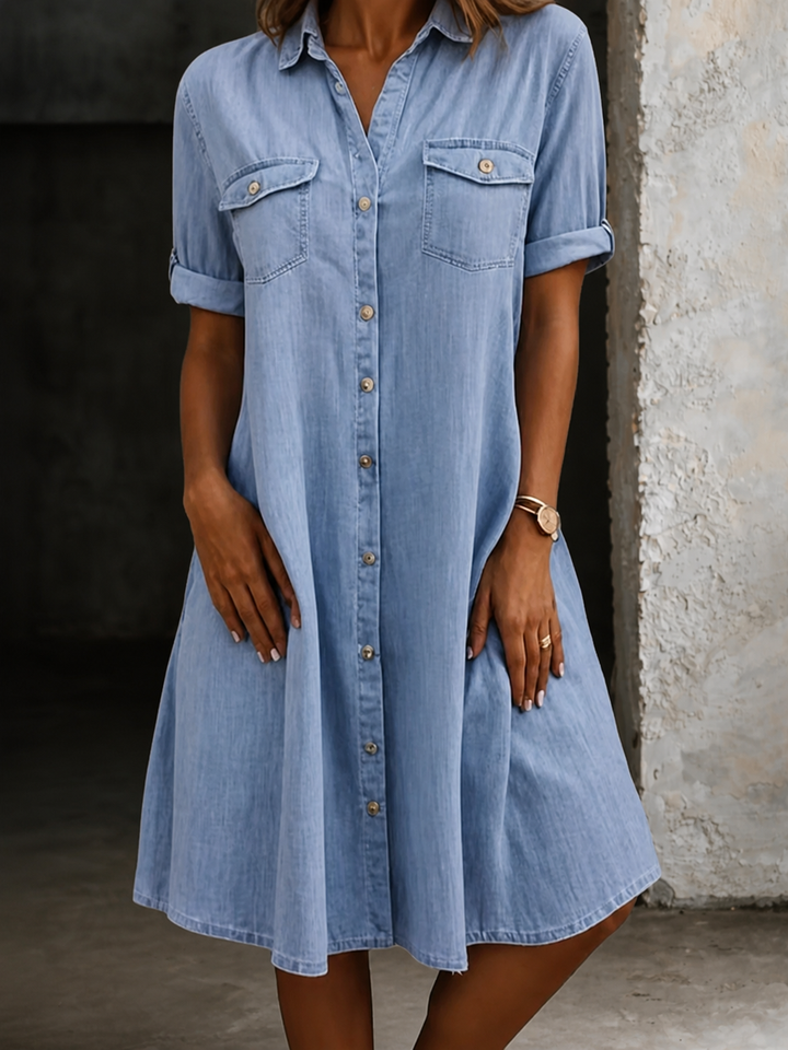 Patricia | Avslappnad Denim Stil Midi Klänning