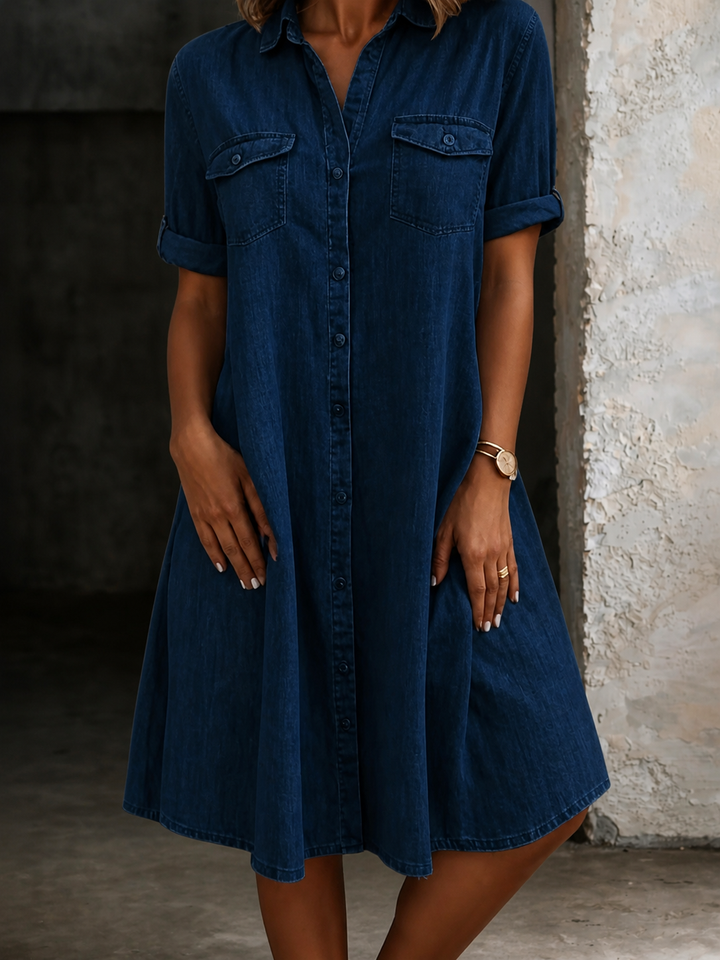 Patricia | Avslappnad Denim Stil Midi Klänning