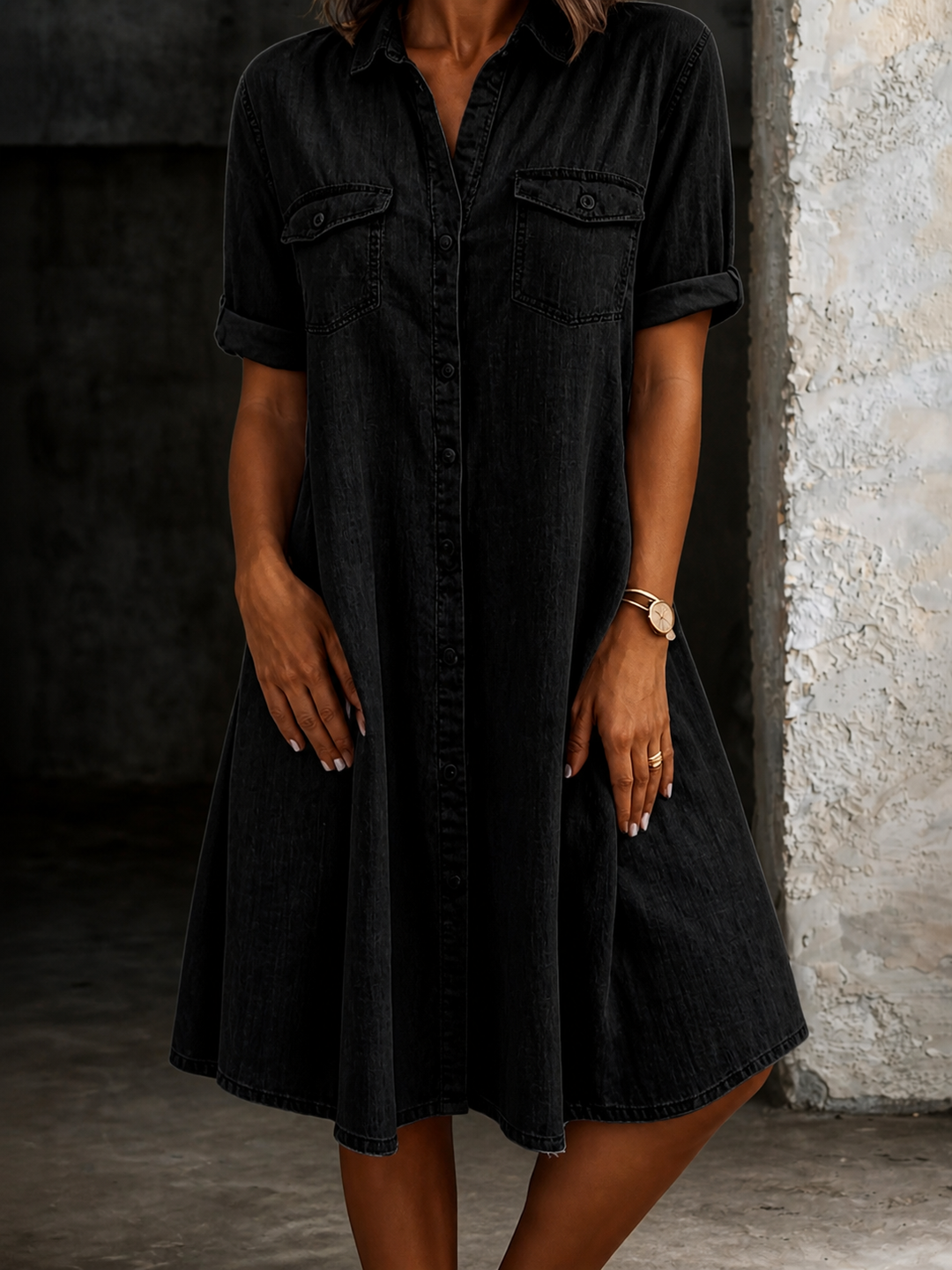 Patricia | Avslappnad Denim Stil Midi Klänning