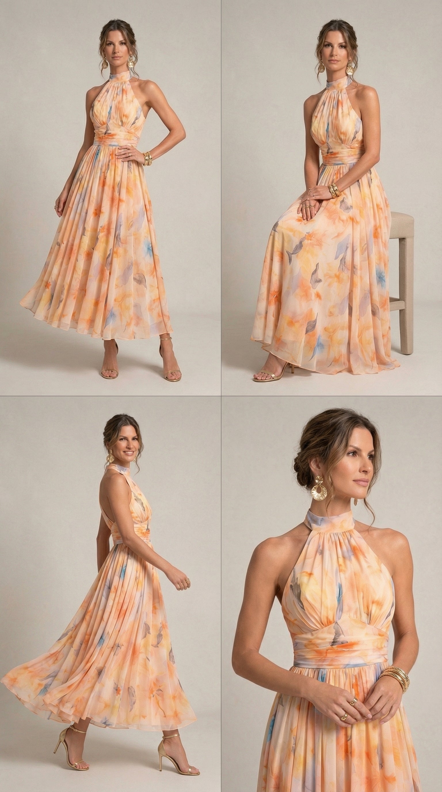 Vivien | Halter Neck Klänning med Akvarelltryck