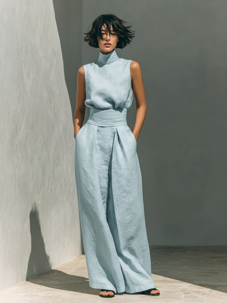 Tatiana | Kvinnors minimalistiska set i bomull och linne med ärmlös blus och vida byxor