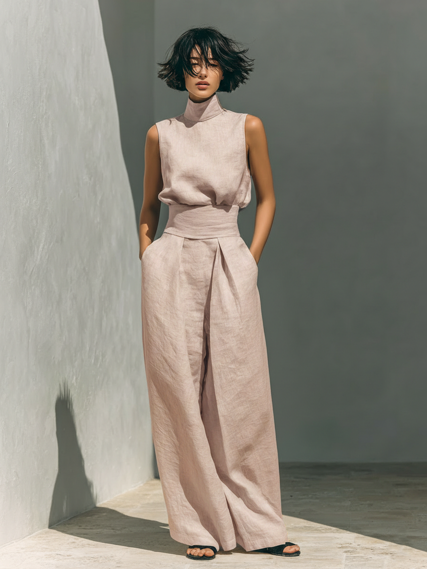 Tatiana | Kvinnors minimalistiska set i bomull och linne med ärmlös blus och vida byxor